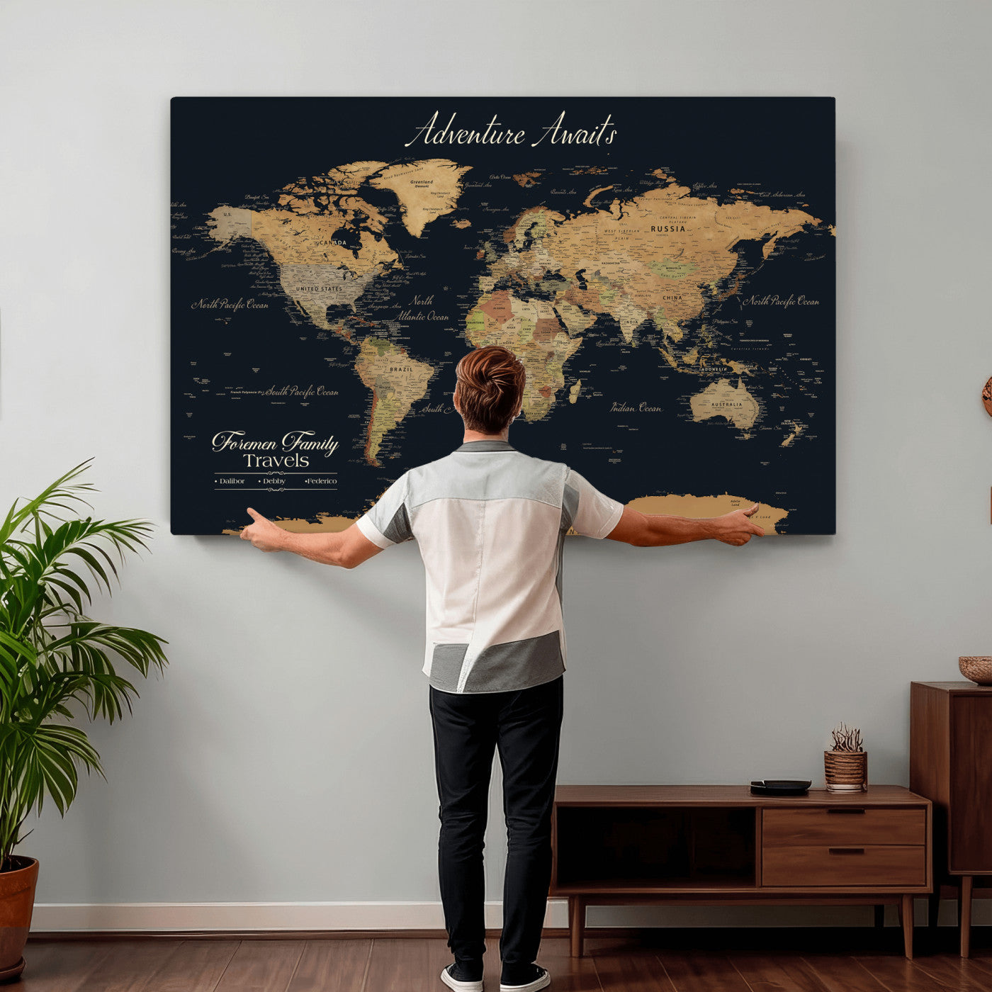 31781393-MGV-CV-36X24 - Custom Push Pin World Map Wall Art Canvas Print – Personalized Travel Tracker with Pins Framed Large for Home Decor