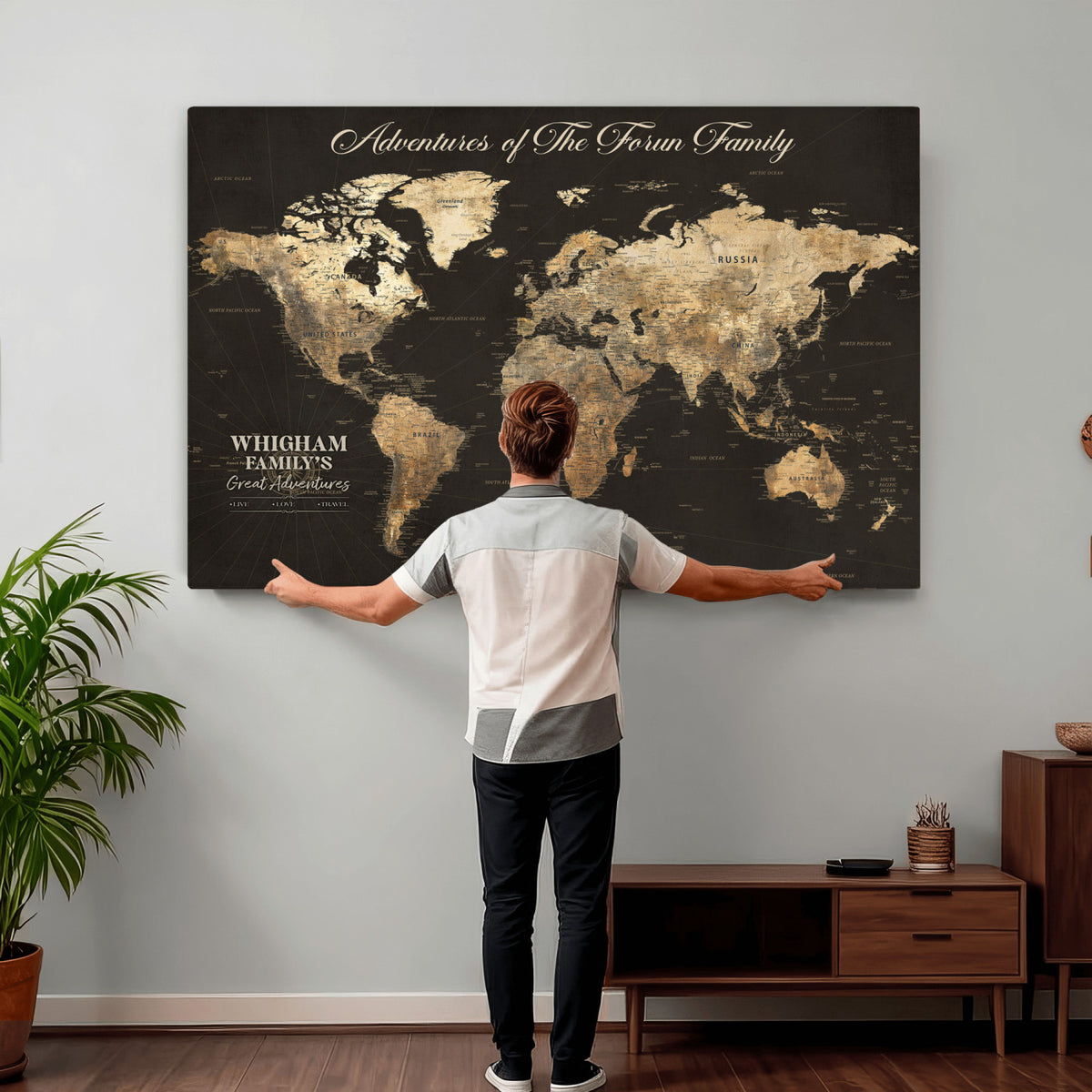 80238567-MGV-CV-36X24 - Custom Push Pin World Map Wall Art Canvas Print | Personalized Travel Tracker with Pins Framed Large for Home and Office Decor