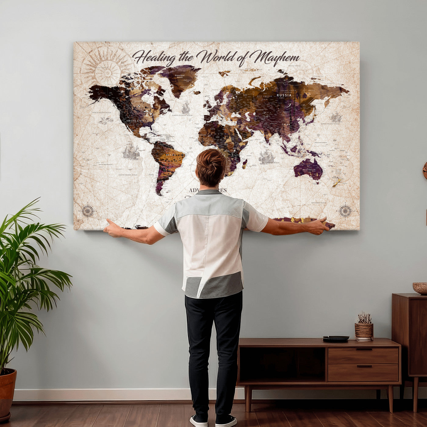 20154714-MGV-CV-36X24 - Custom Push Pin World Map Wall Art Canvas Print – Personalized Travel Tracker with Pins Framed Large for Home and Office Decor