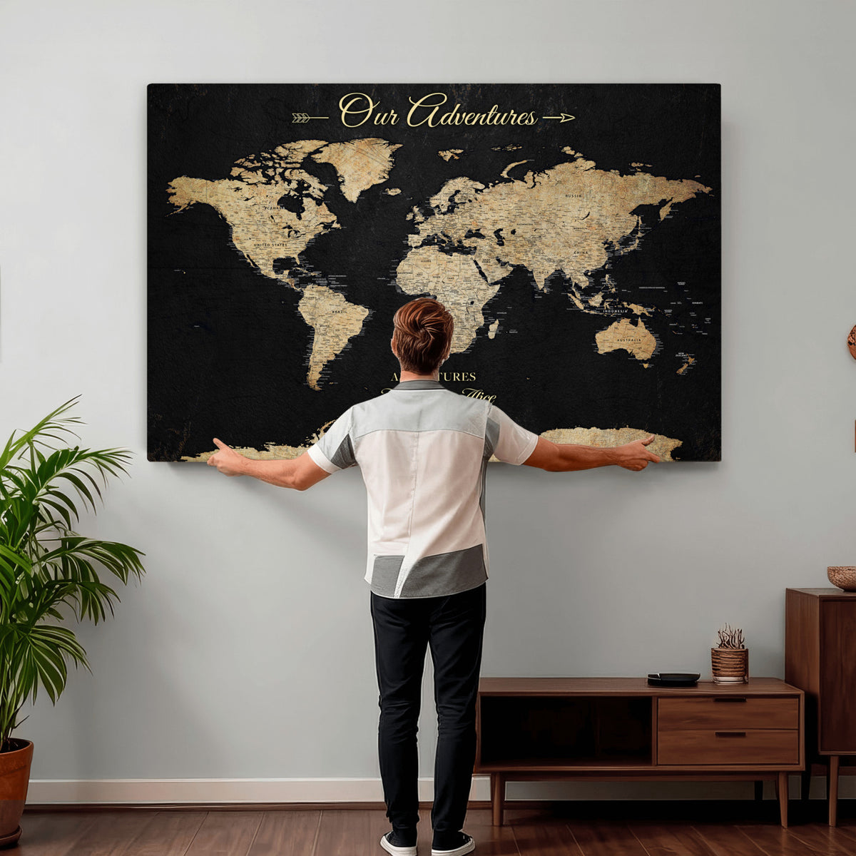 54638998-MGV-CV-36X24 - Custom Push Pin World Map Wall Art Canvas Print | Personalized Travel Tracker with Pins Framed Large for Home and Office Decor