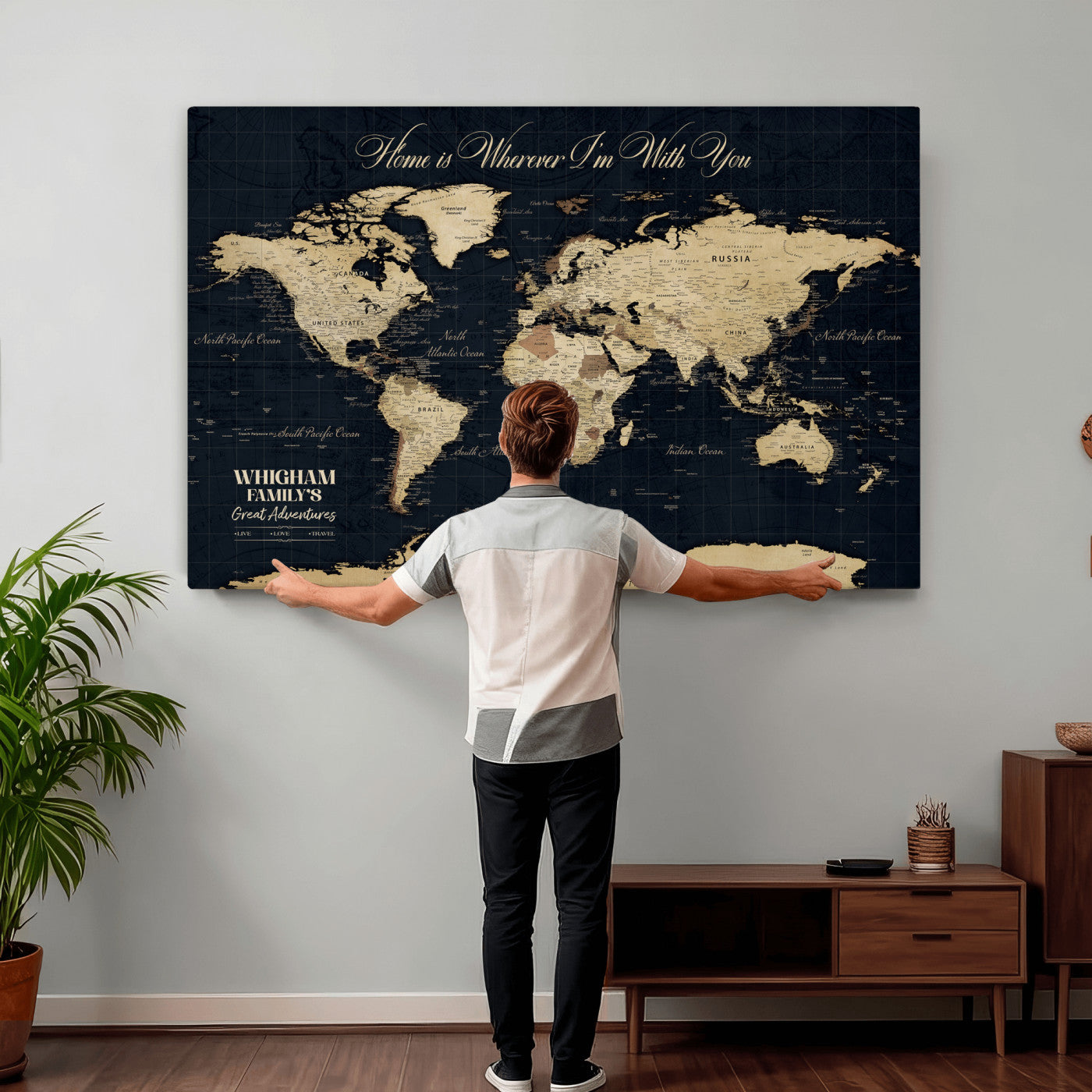 86888698-MGV-CV-36X24 - Custom Push Pin World Map Wall Art Canvas Print – Personalized Travel Tracker with Pins Framed Large for Home and Office Decor