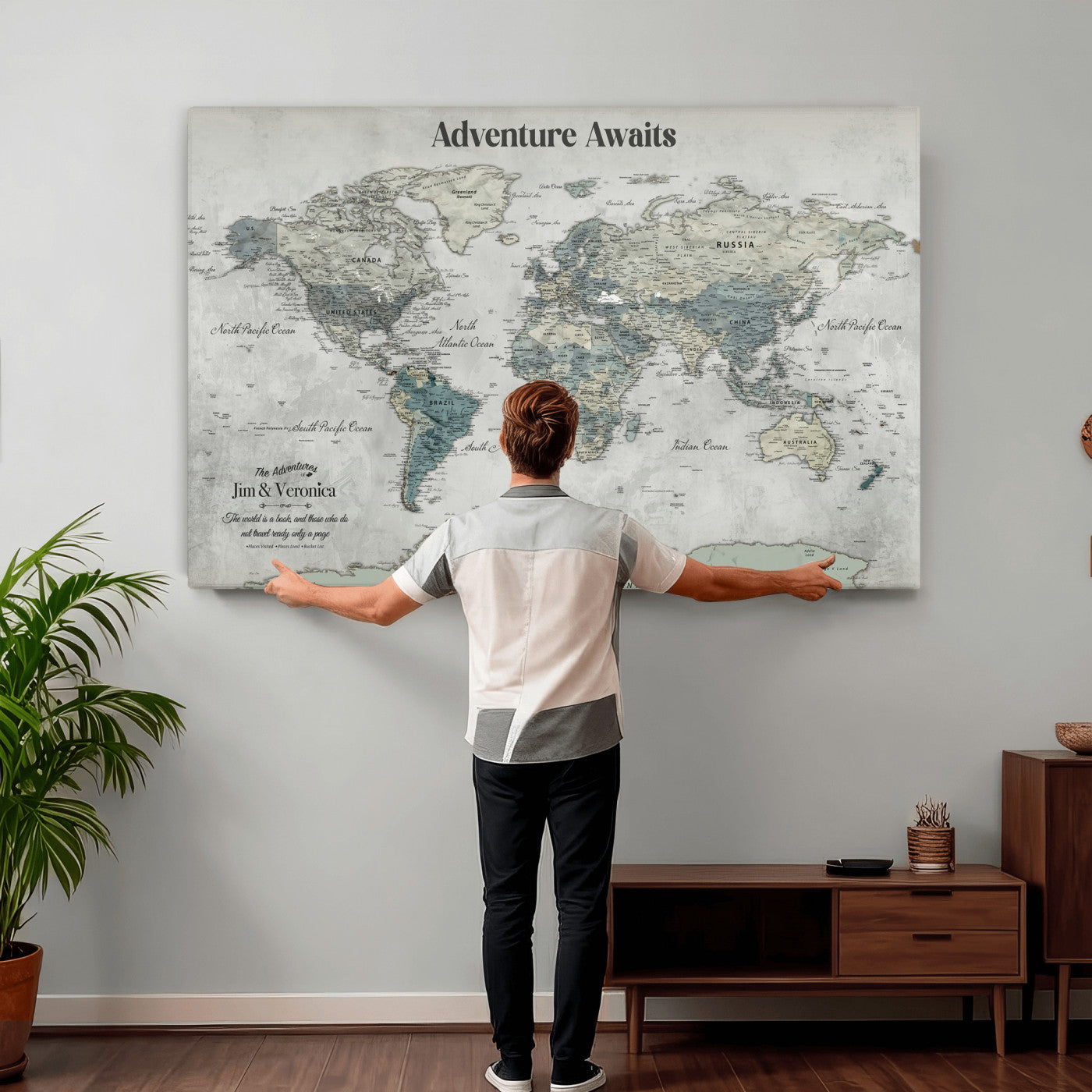11945570-MGV-CV-36X24 - Custom Push Pin World Map Wall Art Canvas Print – Personalized Travel Tracker with Pins Framed Large for Home and Office Decor
