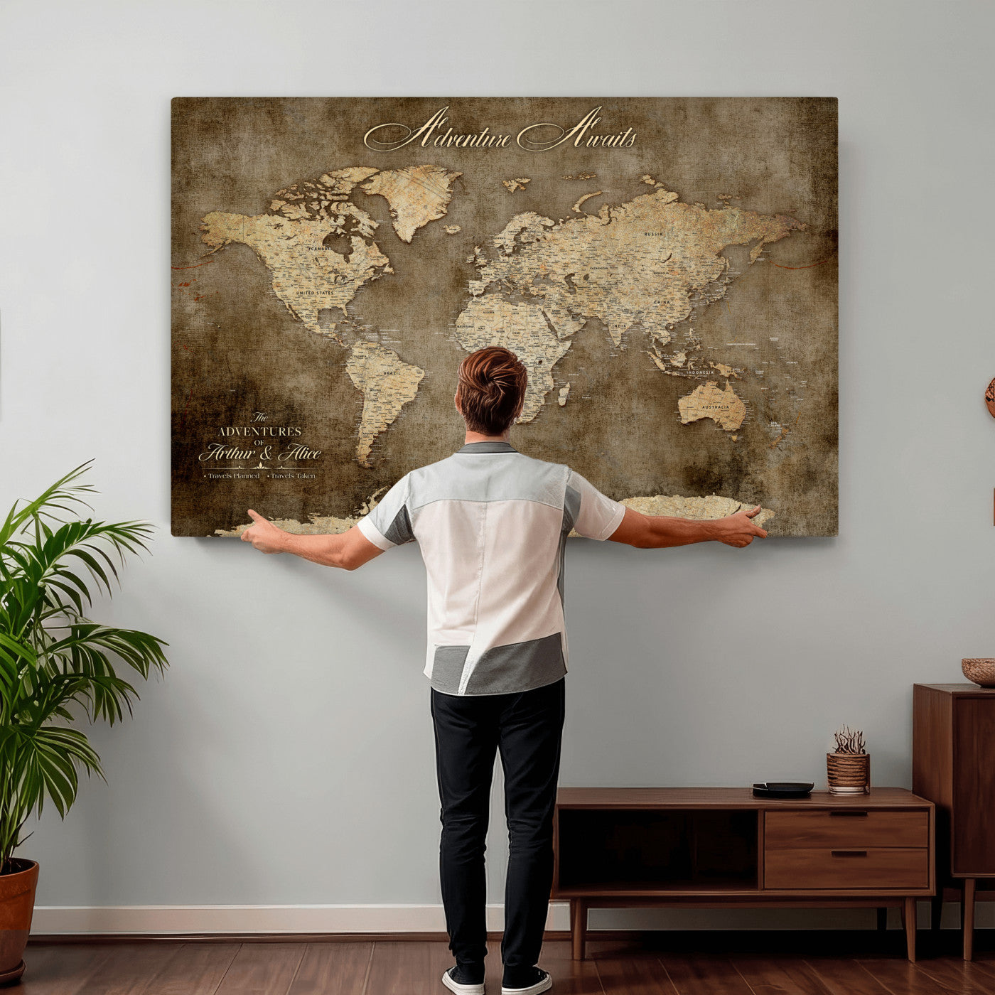 61836190-MGV-CV-36X24 - Custom Push Pin World Map Wall Art Canvas Print – Personalized Travel Tracker with Pins Framed Large for Home and Office Decor