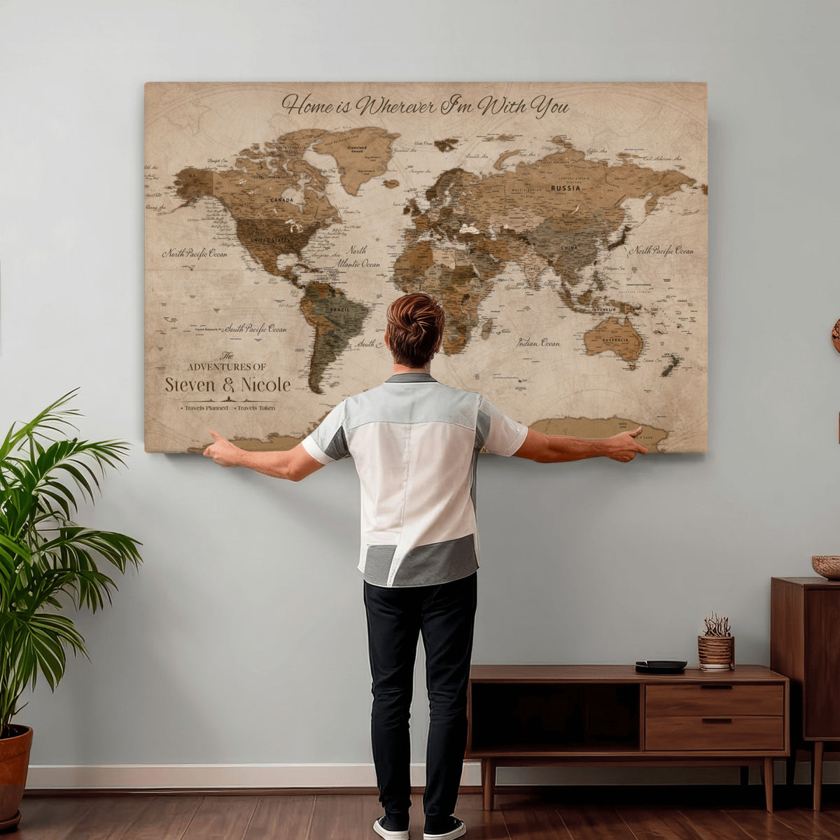 67360040-MGV-CV-36X24 - Personalized Framed Navy Geometric World Map Canvas with Push Pins, Couples Countries Visited Map, Living Room and Hallway Decor