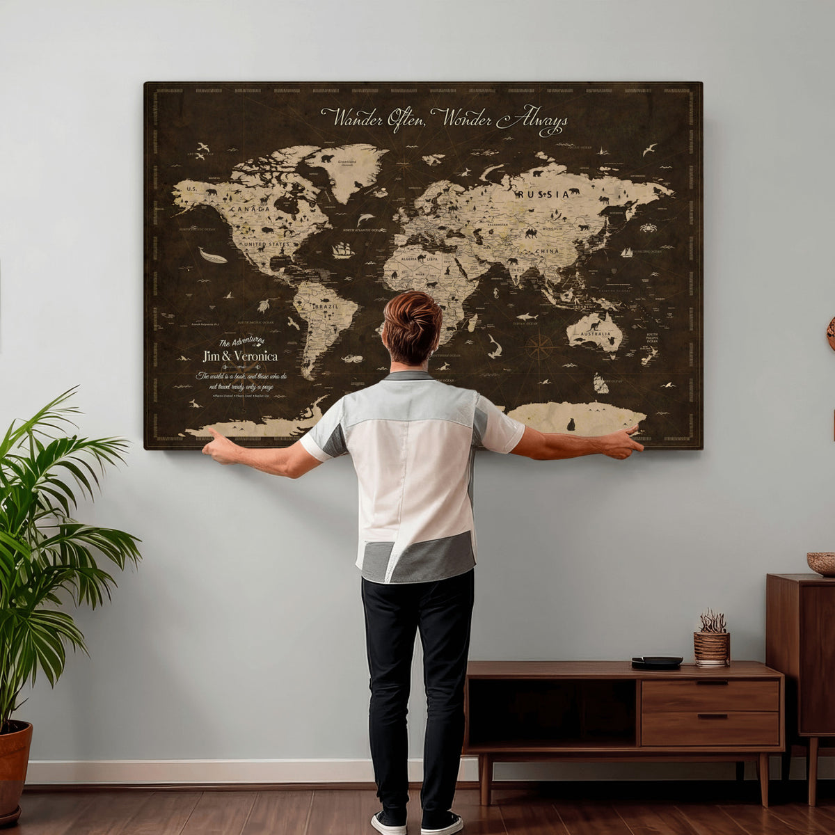 20091587-MGV-CV-36X24 - Custom Push Pin World Map Wall Art Canvas Print | Personalized Travel Tracker with Pins Framed Large for Home and Office Decor