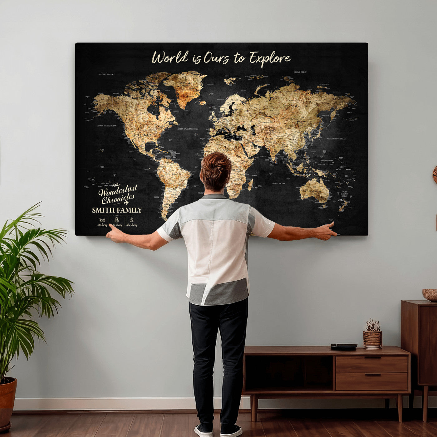 73732636-MGV-CV-36X24 - Custom Push Pin World Map Wall Art Canvas Print – Personalized Travel Tracker with Pins Framed Large for Home and Office Decor