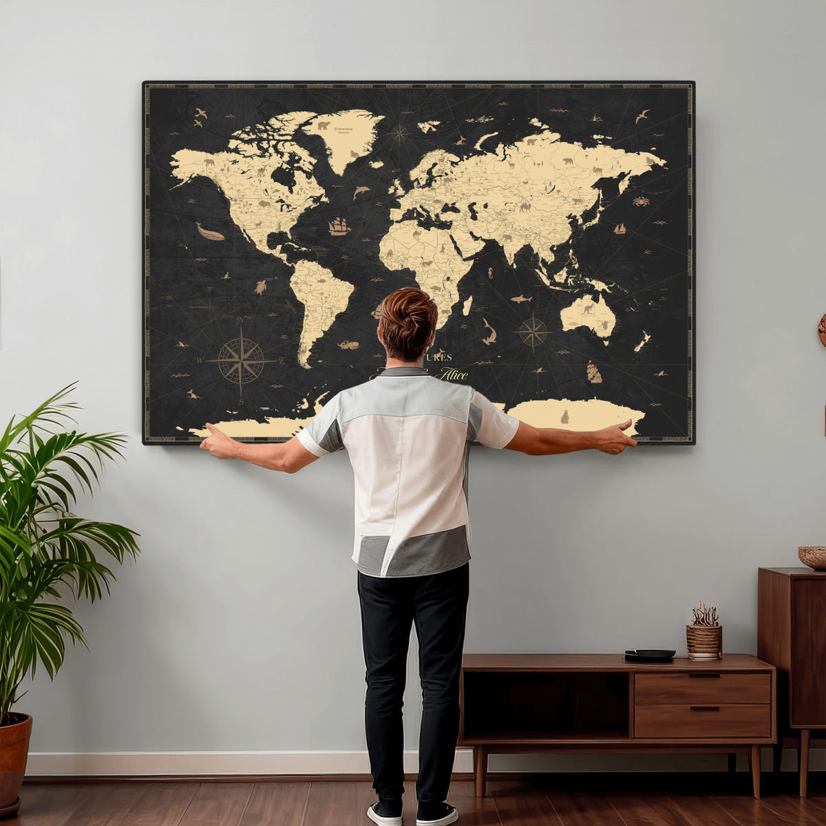 23208482-MGV-CV-36X24 - Custom Push Pin World Map Wall Art Canvas Print | Personalized Travel Tracker with Pins Framed Large for Home and Office Decor