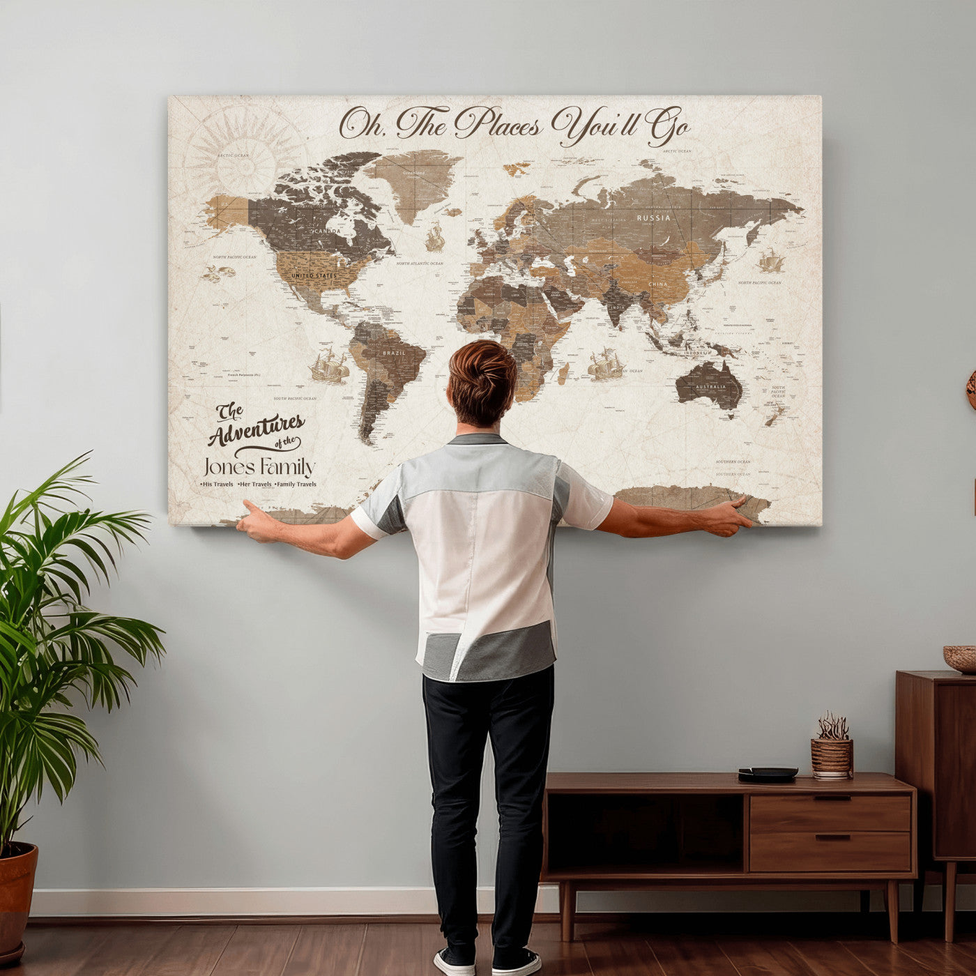 99085321-MGV-CV-36X24 - Custom Push Pin World Map Wall Art Canvas Print – Personalized Travel Tracker with Pins Framed Large for Home and Office Decor