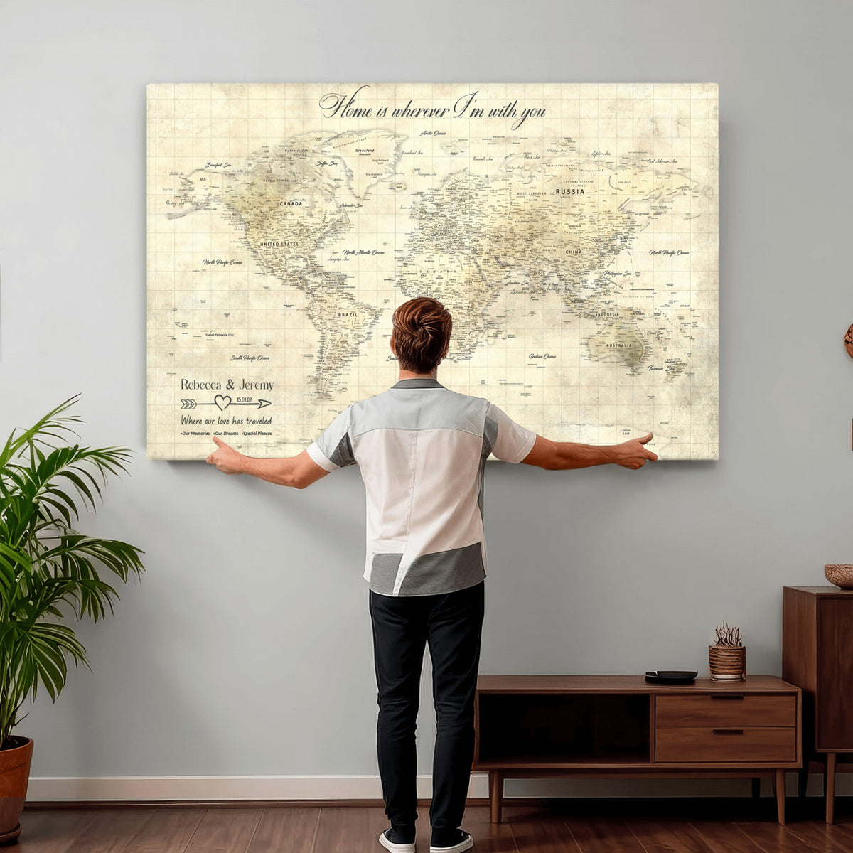 30705590-MGV-CV-36X24 - Custom Push Pin World Map Wall Art Canvas Print | Personalized Travel Tracker with Pins Framed Large for Home and Office Decor