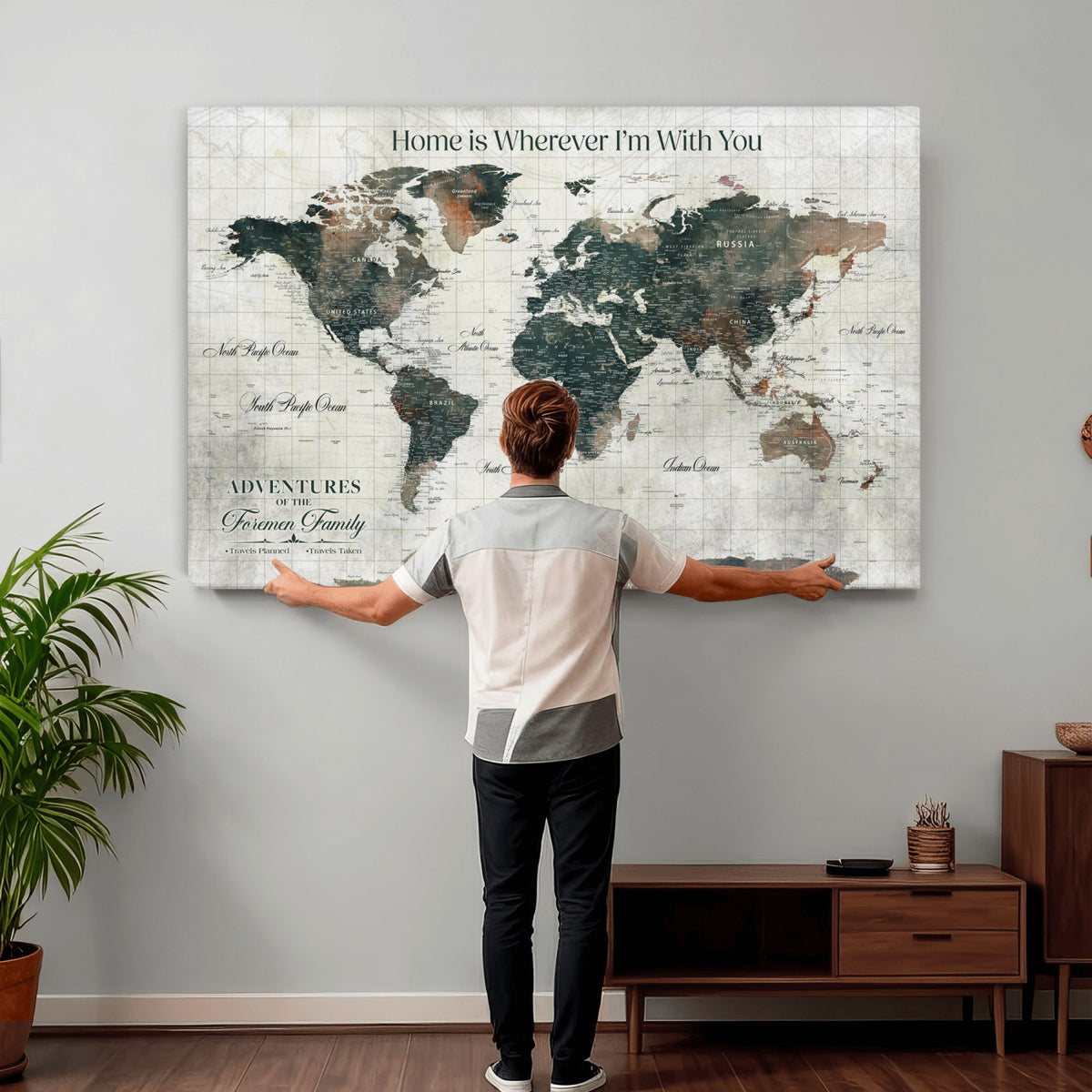 98050124-MGV-CV-36X24 - Personalized Beige Modern Push Pin Travel Map Canvas Print, Couples Countries Visited Map, Dining Room and Bedroom Decor