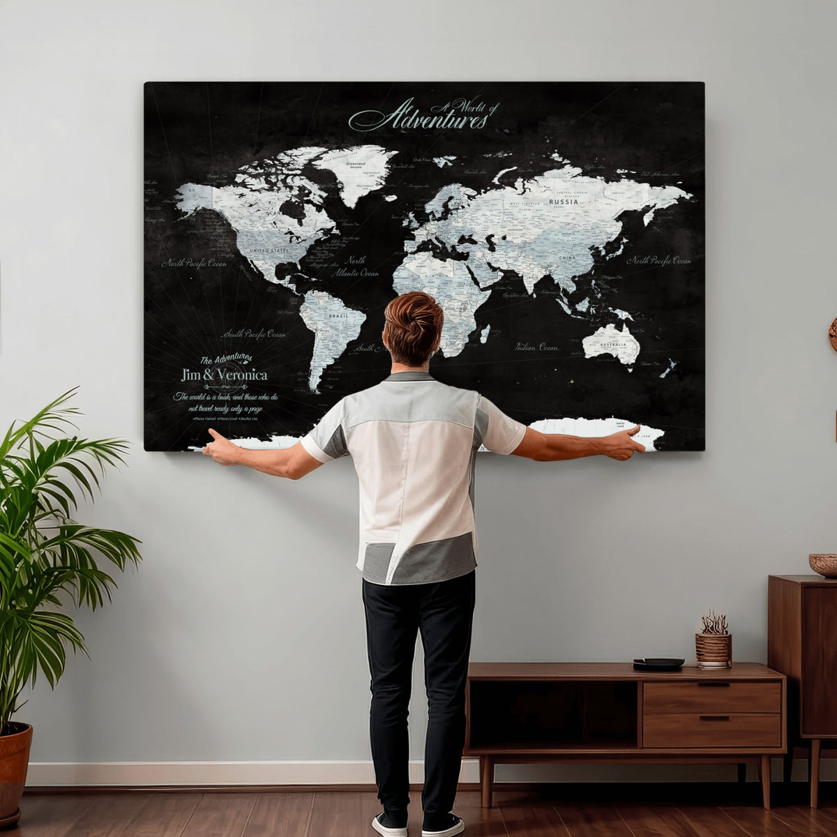 67491071-MGV-CV-36X24 - Custom Beige World Travel Map Wall Art with Pins, Places Visited Tracker, Bedroom and Home Office Decor