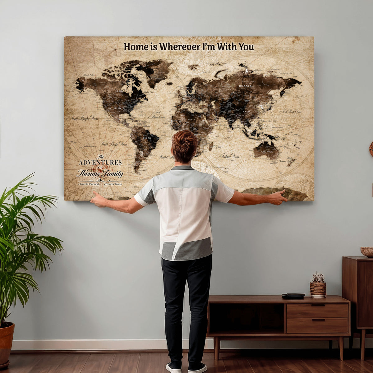 74771891-MGV-CV-36X24 - Personalized Framed Beige Modern World Travel Map Wall Art with Pins, Family Adventure Map, Living Room and Hallway Decor