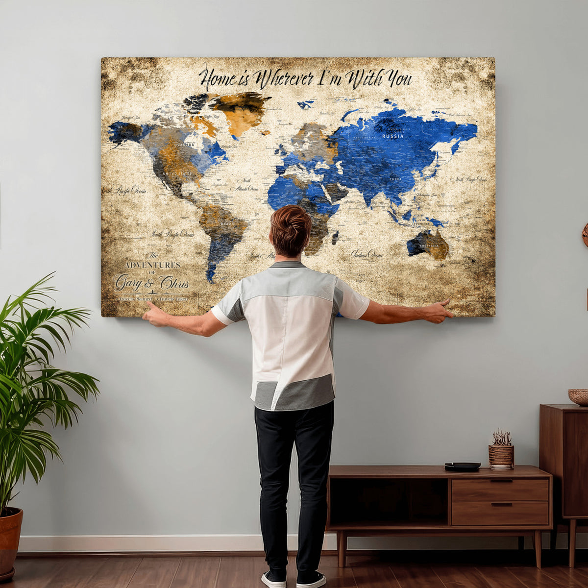 13332533-MGV-CV-36X24 - Personalized Framed Beige World Map Canvas with Push Pins, Honeymoon and Anniversary Gift, Living Room and Home Office Decor