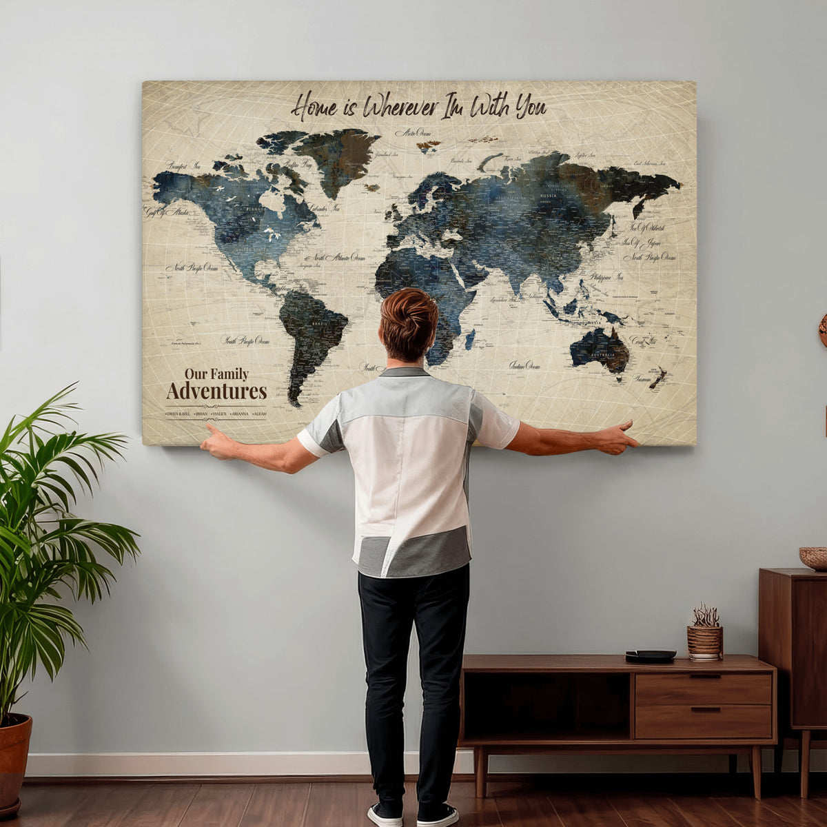 51383535-MGV-CV-36X24 - Personalized Framed Black Modern Push Pin Travel Map Canvas Print, Family Travel Tracker, Home Office and Entryway Decor