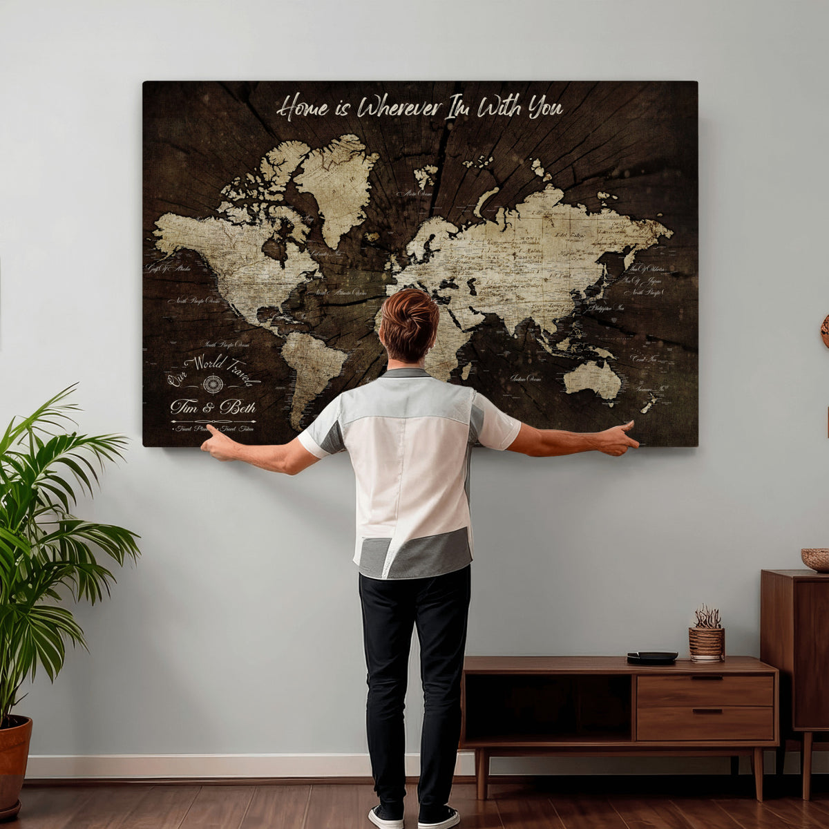 46573259-MGV-CV-36X24 - Personalized Watercolor Push Pin World Map Canvas Wall Art, Custom Framed Travel Map - NEWMAP-094