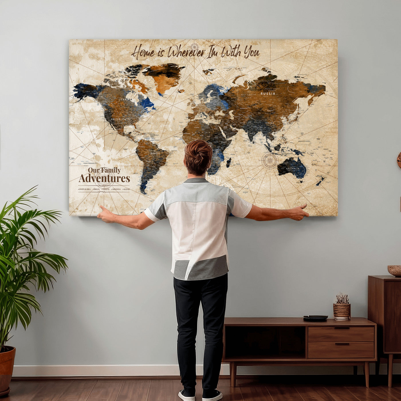 20227642-MGV-CV-36X24 - Custom Push Pin World Map Wall Art Canvas Print – Personalized Travel Tracker with Pins Framed Large for Home and Office Decor