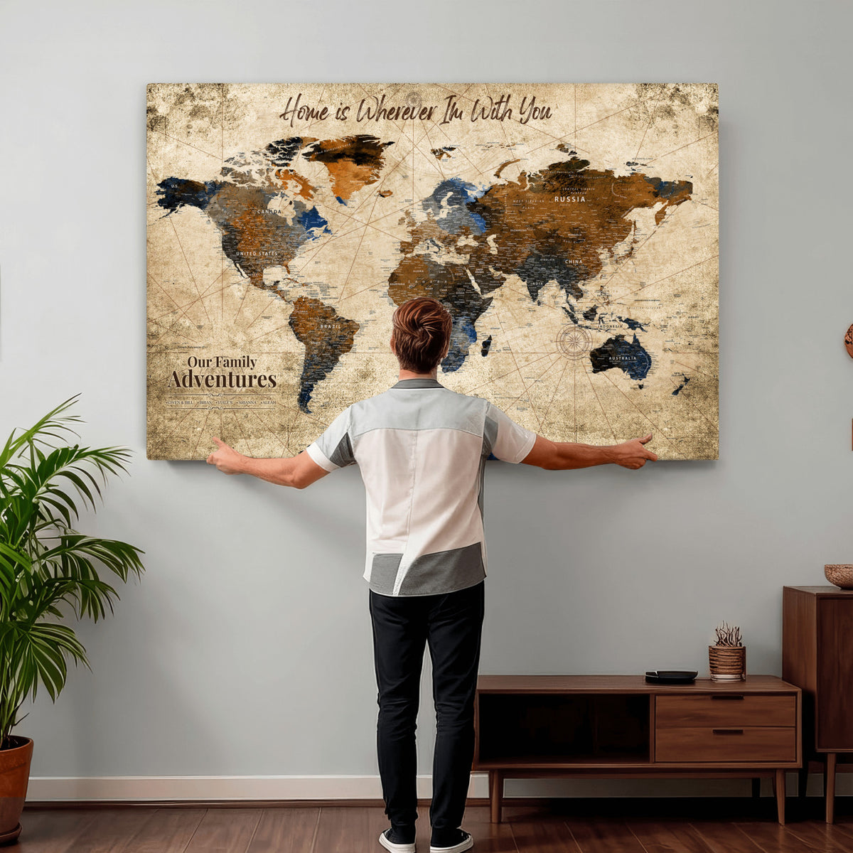 17548029-MGV-CV-36X24 - Personalized Framed Beige Modern Push Pin World Map Canvas Print, Bucket List Map, Home Office and Study Decor