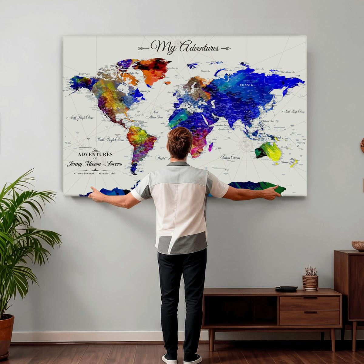 45423989-MGV-CV-36X24 - Detailed Custom Framed Beige Modern World Map Canvas with Push Pins, Honeymoon and Anniversary Gift, Dining Room and Home Office Decor
