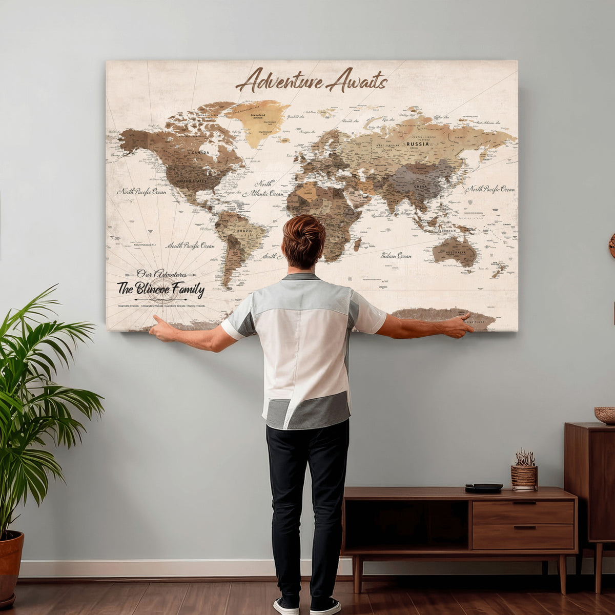 64110351-MGV-CV-36X24 - Personalized Framed White Modern Push Pin Travel Map Canvas Print, Bucket List Map, Dining Room and Study Decor