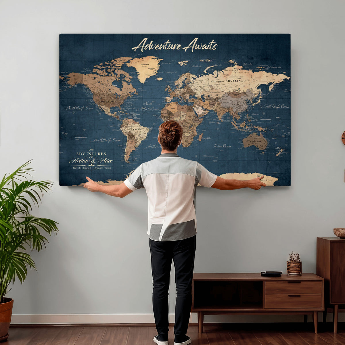 64110391-MGV-CV-36X24 - Personalized White Vintage World Travel Map Wall Art with Pins, Next Trip Planner Map, Family Room and Dining Room Decor