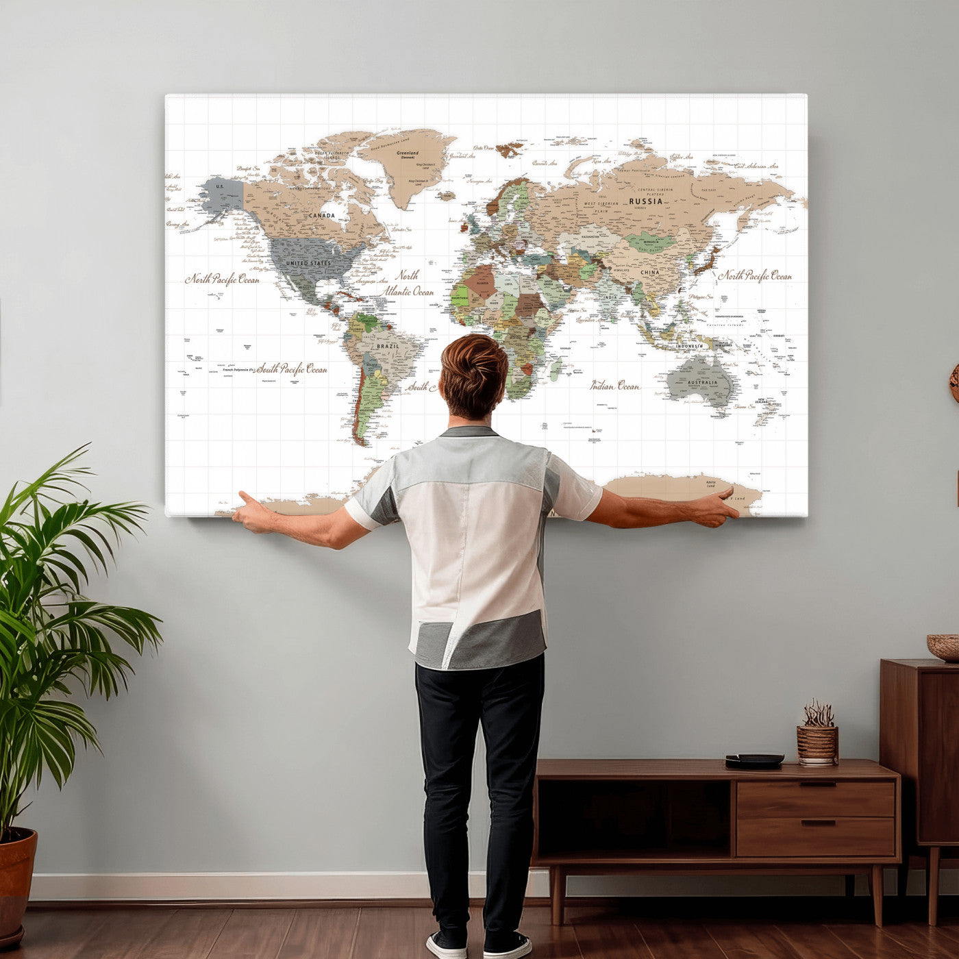 91286788-MGV-CV-36X24 - World Map Wall Art Canvas Print, Modern Decorative Framed Map Artwork Prints for Living Room, Office, Bedroom Wall Decor