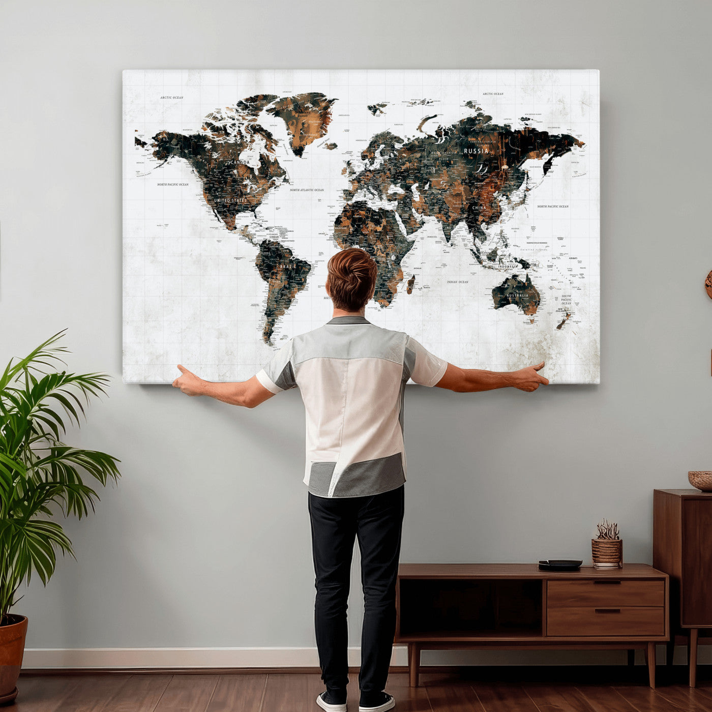 60008766-MGV-CV-36X24 - World Map Wall Art Canvas Print, Modern Decorative Framed Map Artwork Prints for Living Room, Office, Bedroom Wall Decor