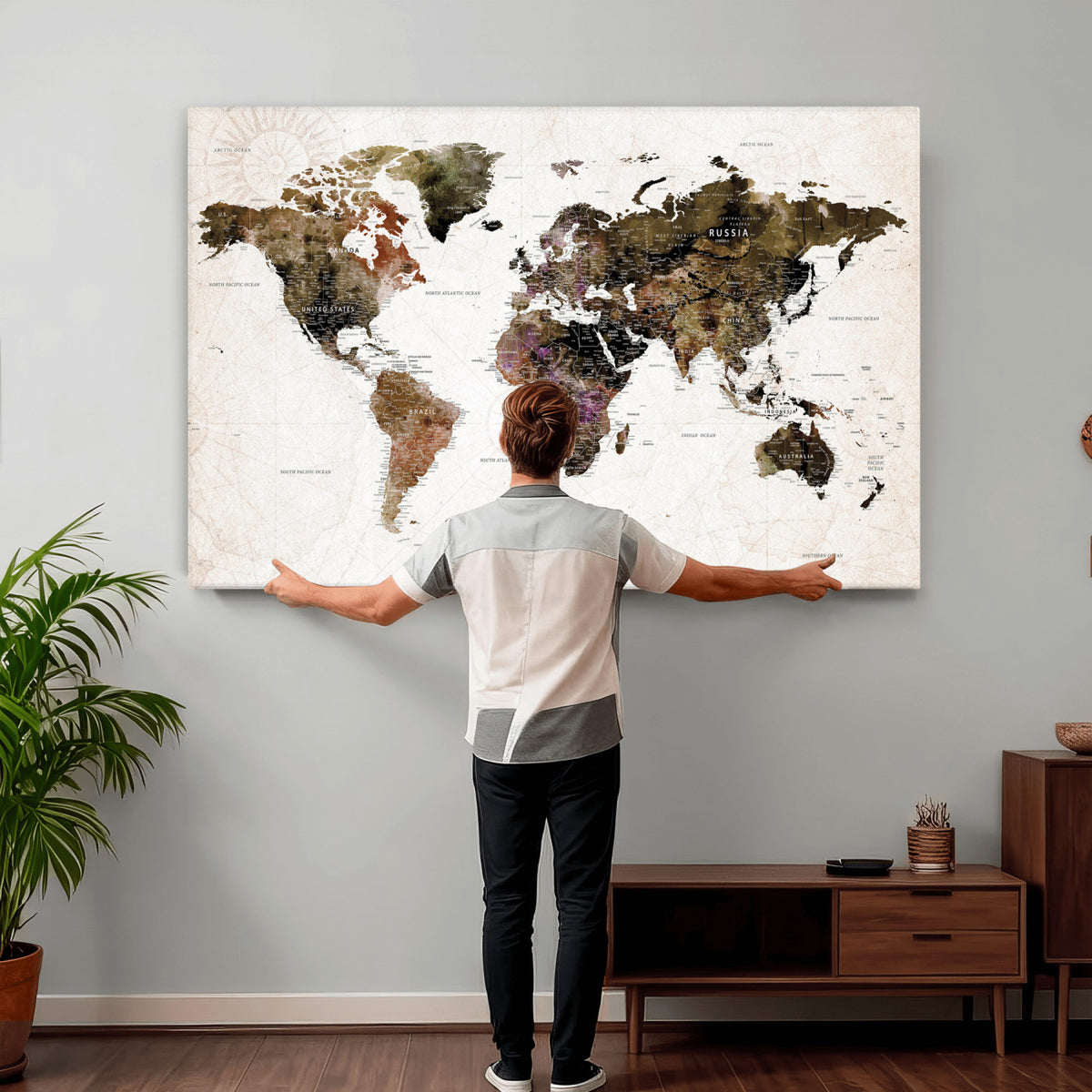 77651968-MGV-CV-36X24 - Watercolor World Map Print - Large Wall Art Canvas Print for