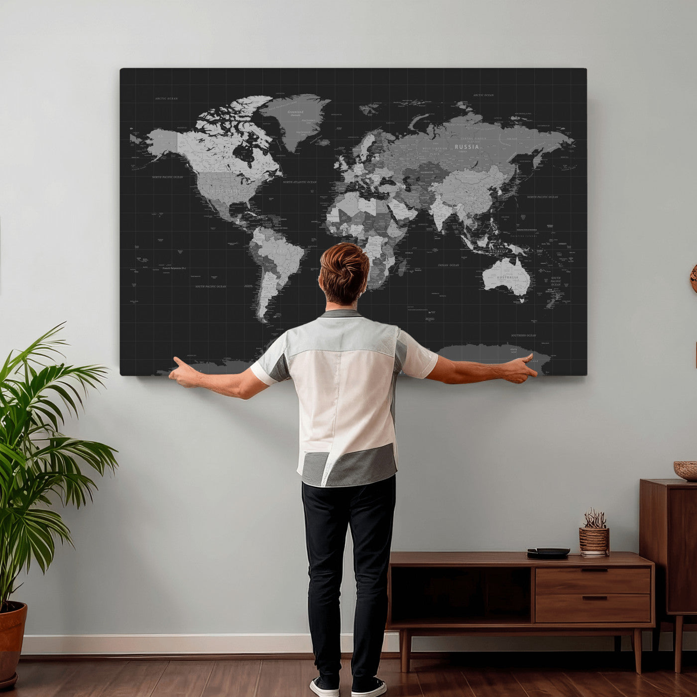 46160121-MGV-CV-36X24 - World Map Wall Art Canvas Print, Modern Decorative Framed Map Artwork Prints for Living Room, Office, Bedroom Wall Decor