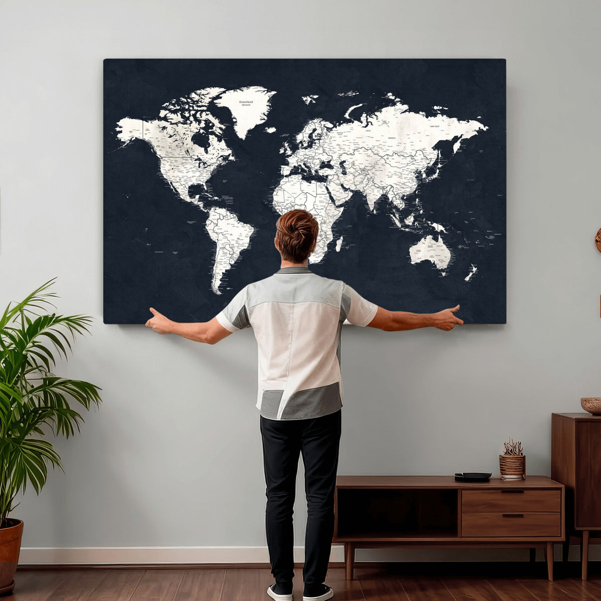 11963807-MGV-CV-36X24 - Black World Map Wall Art Canvas Print for Home Office and Meeting Room Decor