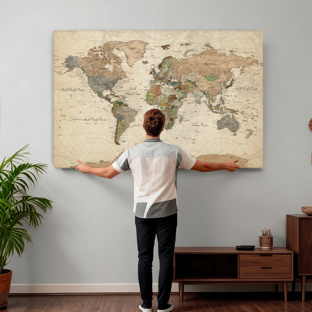 16856902-MGV-CV-36X24 - Vintage World Map Canvas Wall Art - Rustic Grunge Texture