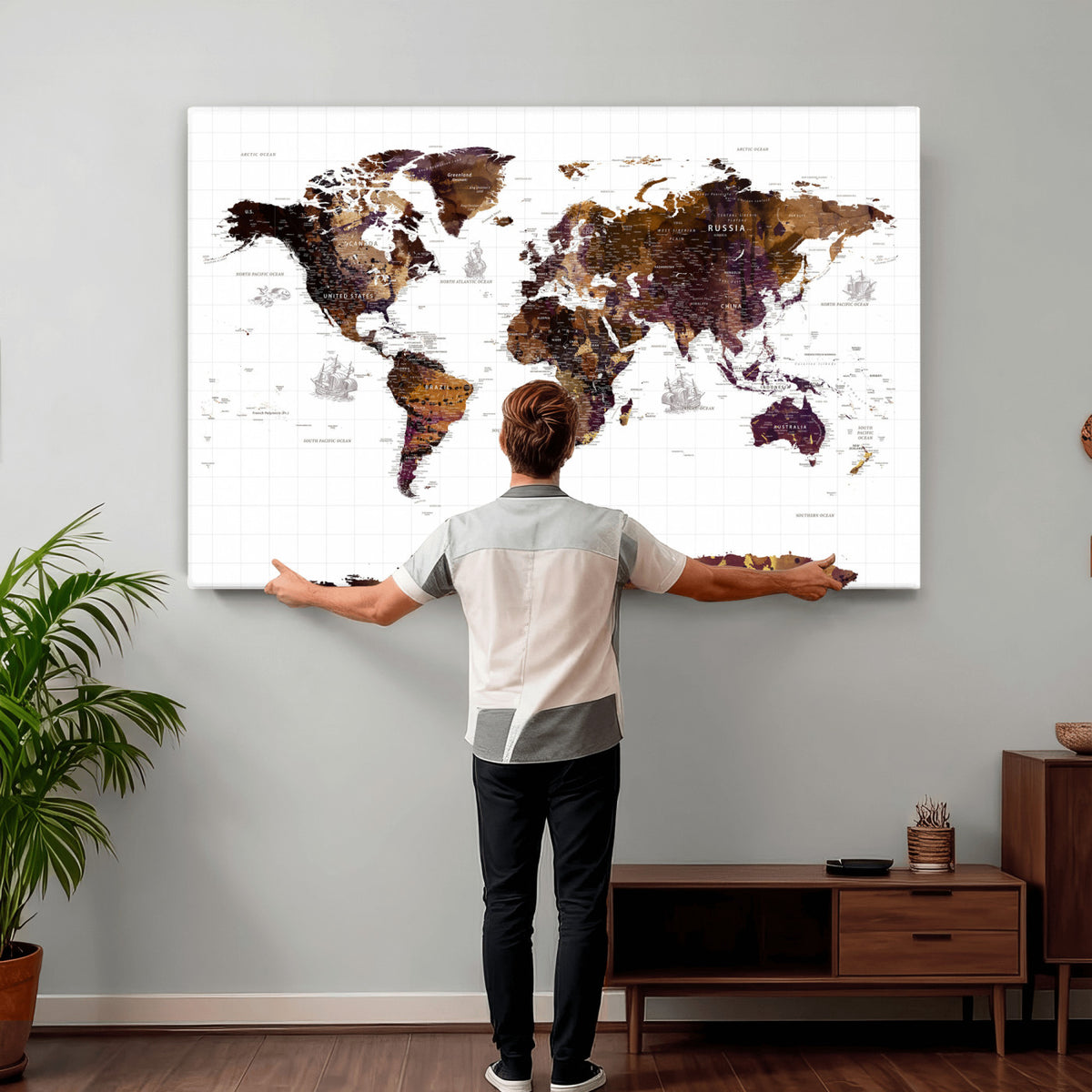 34792695-MGV-CV-36X24 - Rustic World Map Wall Art Canvas Print | Large Vintage Blue World Map on Wood Grain Style Background