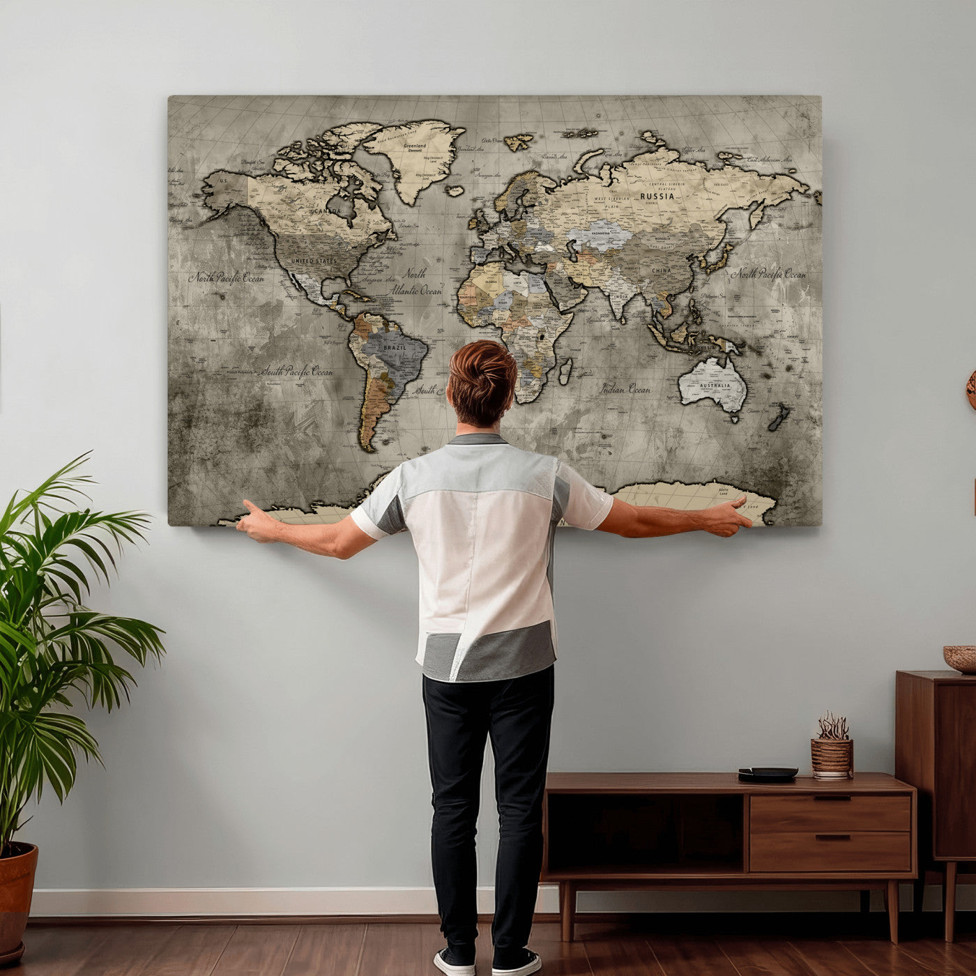 85218700-MGV-CV-36X24 - World Map Wall Art Canvas Print, Modern Decorative Framed Map Artwork Prints for Living Room, Office, Bedroom Wall Decor