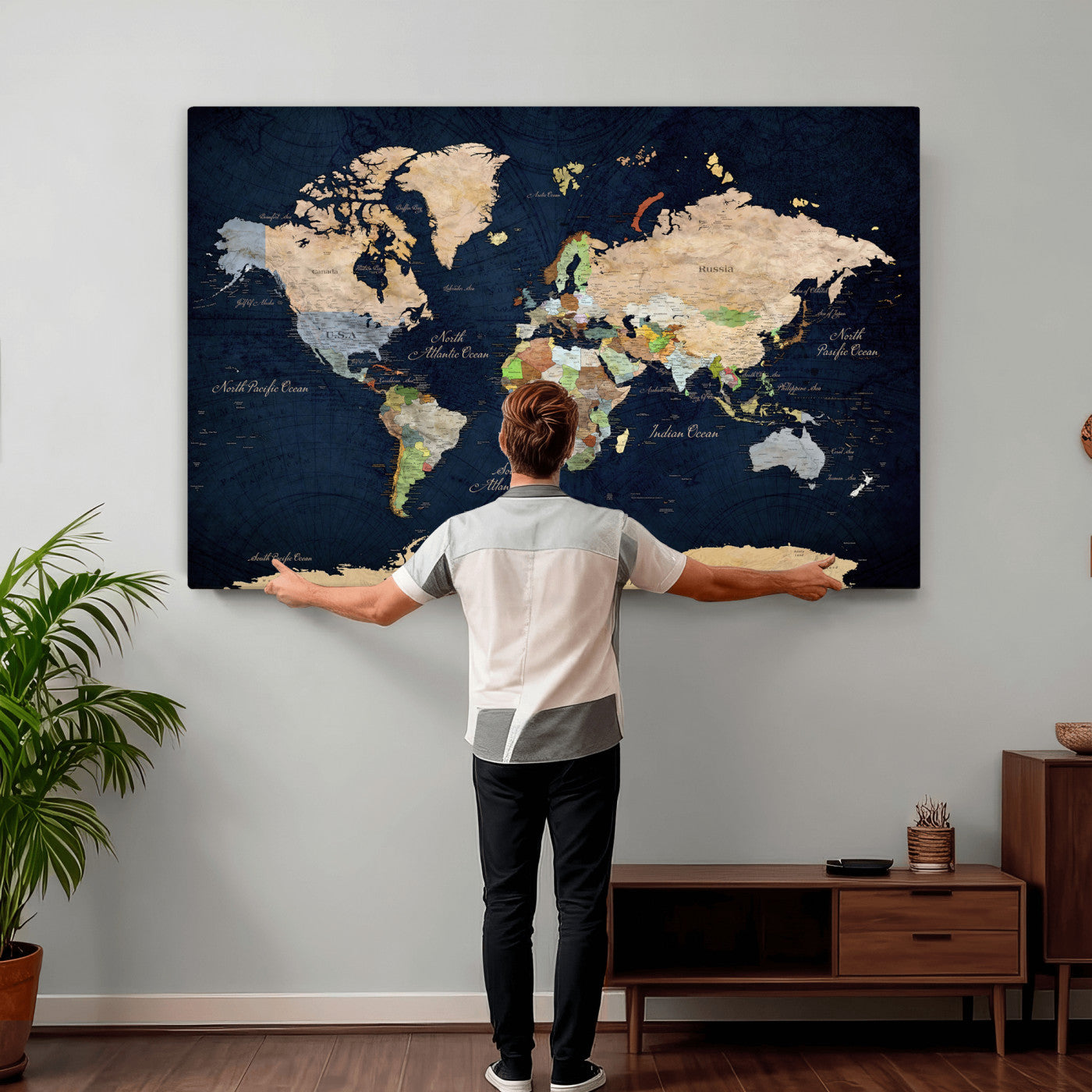 76603563-MGV-CV-36X24 - World Map Wall Art Canvas Print, Modern Decorative Framed Map Artwork Prints for Living Room, Office, Bedroom Wall Decor