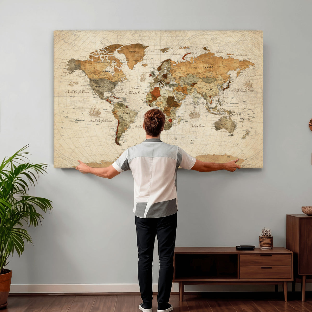 29684537-MGV-CV-36X24 - Vintage World Map Canvas Print, Framed Rustic Detailed Map of the World, Explorer Decor