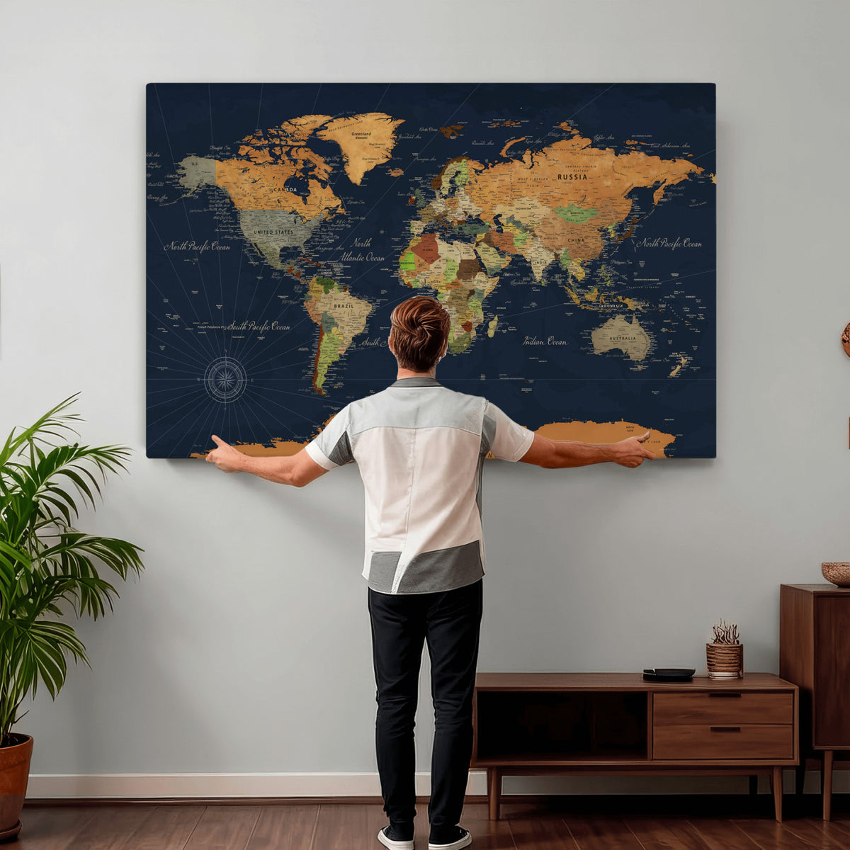11715182-MGV-CV-36X24 - Modern World Map Canvas Print, Framed Detailed Map of the World Wall Art