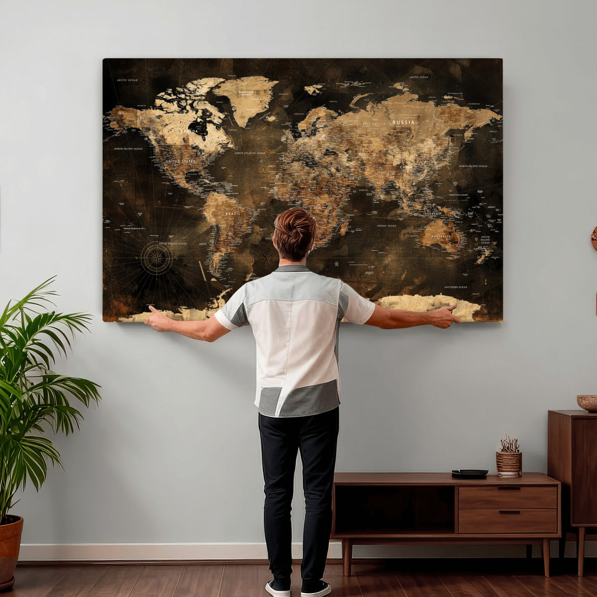 97742922-MGV-CV-36X24 - World Map Canvas Print, Modern Decorative Framed Map Artwork