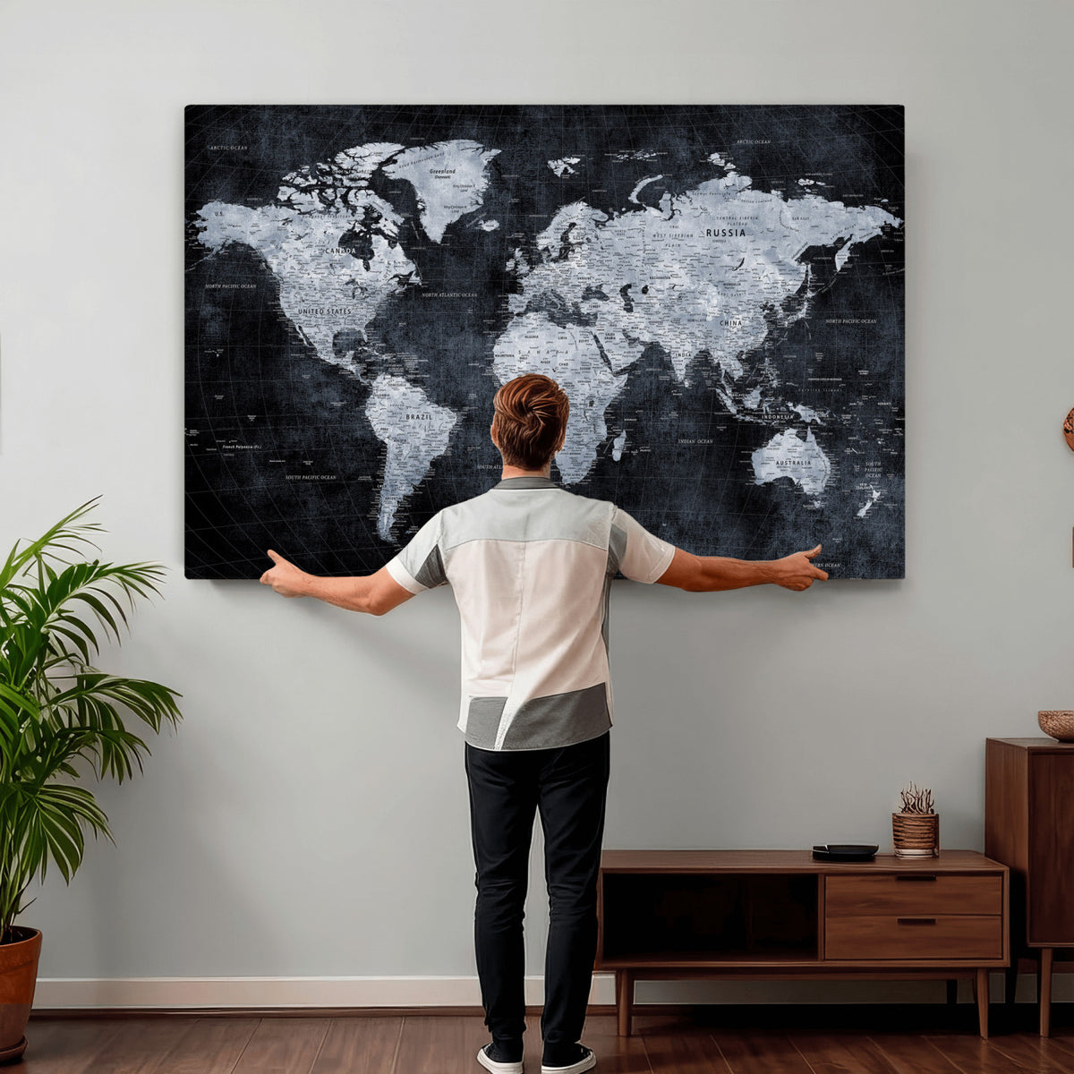 86893704-MGV-CV-36X24 - Black World Map Canvas Print | Detailed Map for Couples and Anniversary Gift