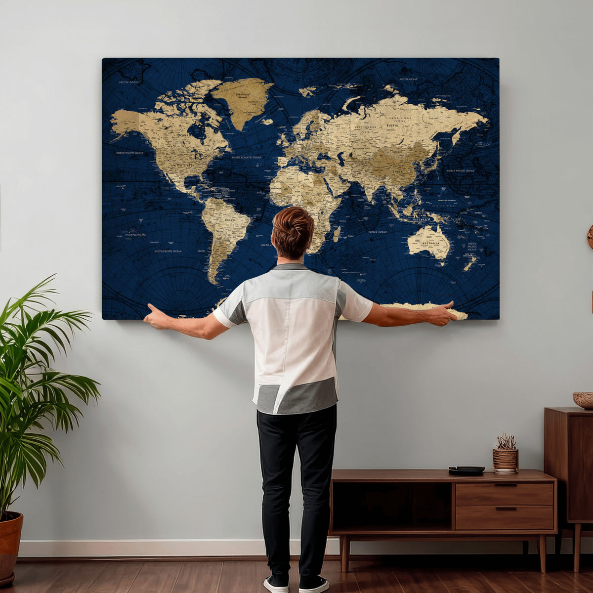 54770746-MGV-CV-36X24 - Navy Blue World Map Canvas Print – Detailed Map Minimal Navy