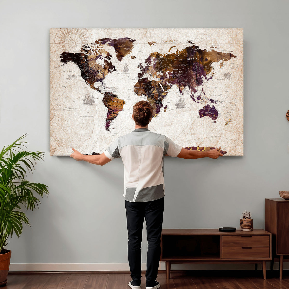 53400857-MGV-CV-36X24 - Blue Watercolor World Map Canvas Print – Framed Modern Wall