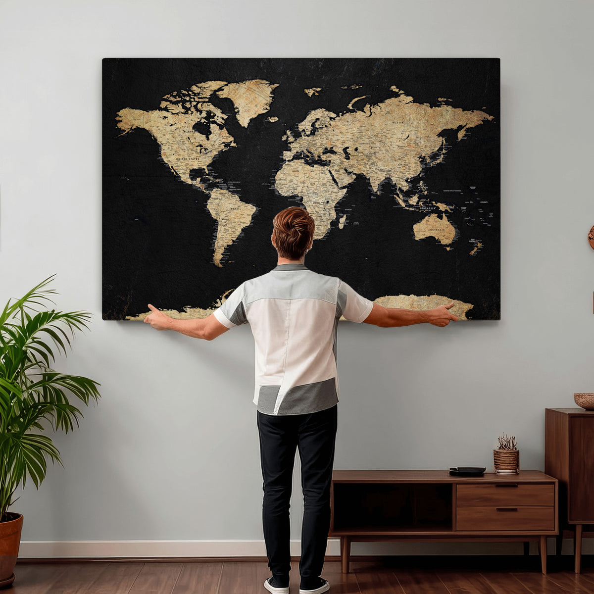 71518849-MGV-CV-36X24 - Beige World Map Canvas Wall Art Print, Minimal Black and