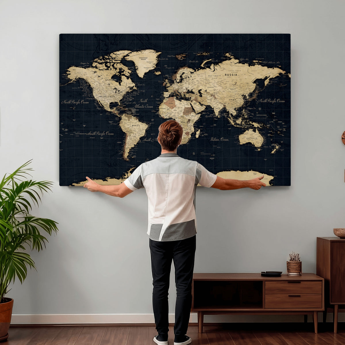 45063434-MGV-CV-36X24 - Dark World Map Canvas Wall Art Print, Minimal Black and Gold Map