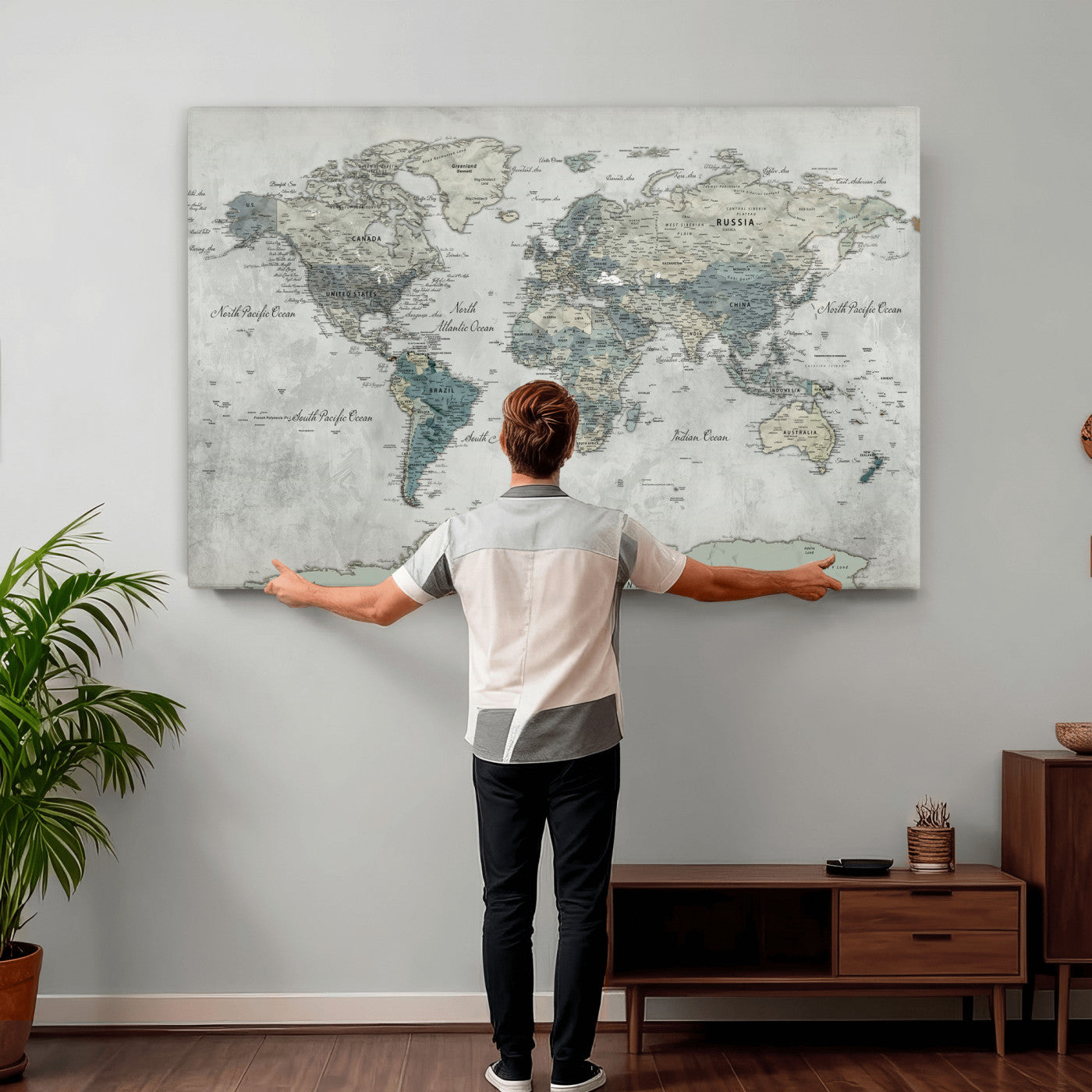 91132939-MGV-CV-36X24 - World Map Wall Art Canvas Print, Modern Decorative Framed Map Artwork Prints for Living Room, Office, Bedroom Wall Decor