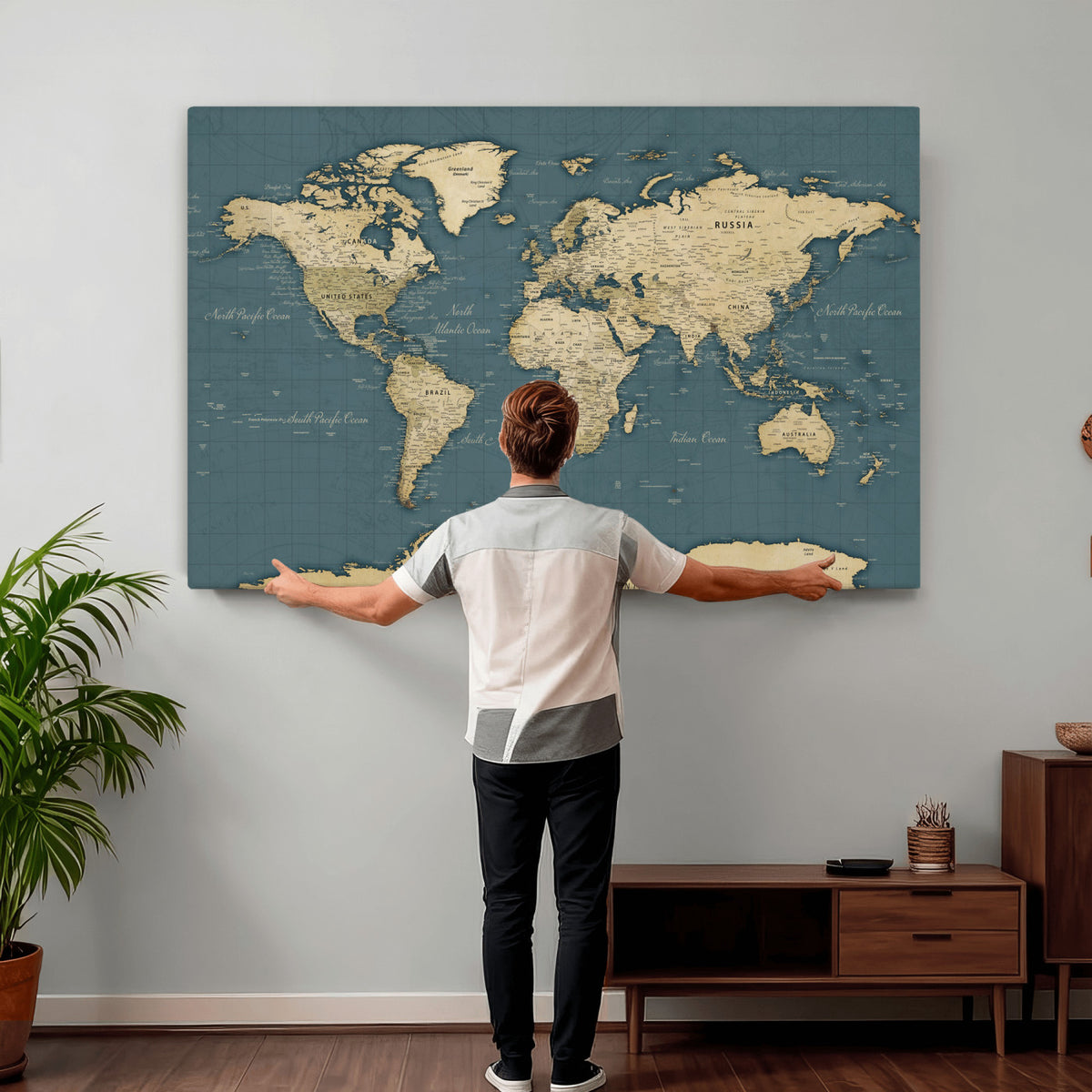 99599383-MGV-CV-36X24 - Minimal Vintage World Map Canvas Wall Art Print, Neutral