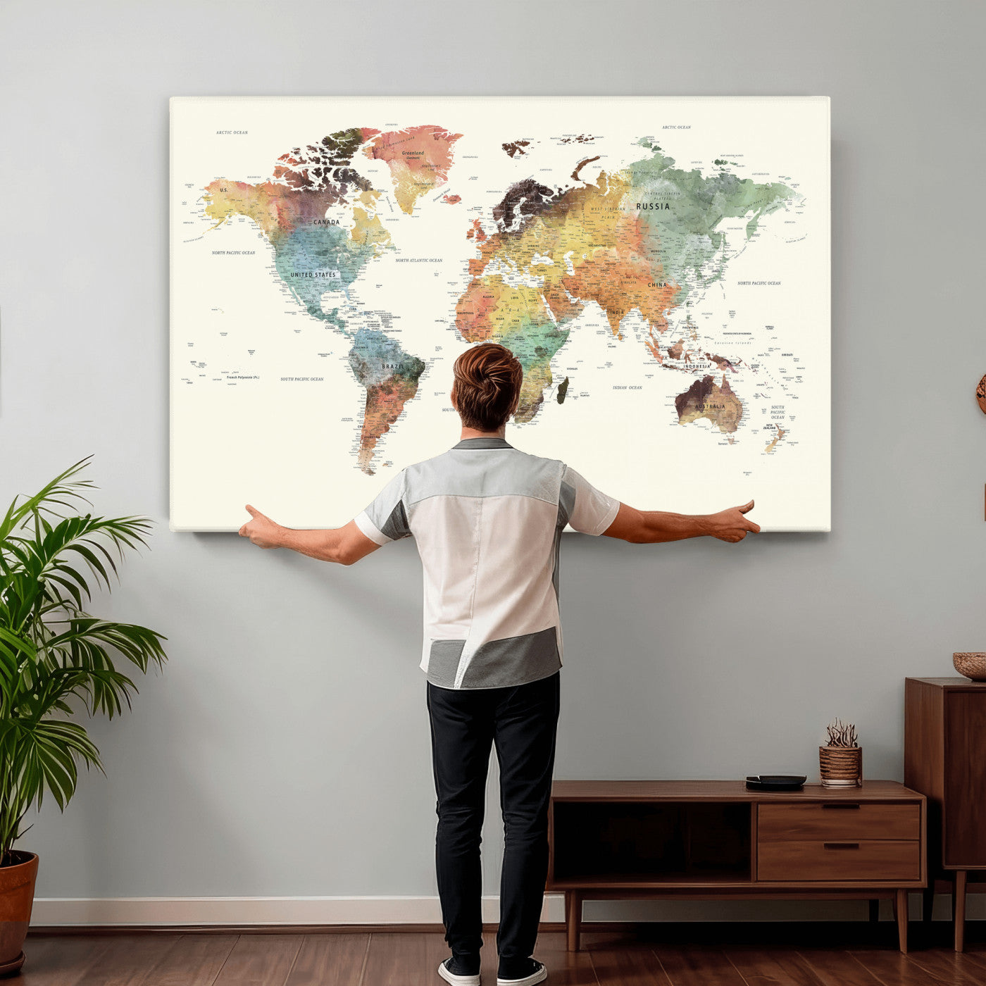 64206059-MGV-CV-36X24 - World Map Wall Art Canvas Print, Modern Decorative Framed Map Artwork Prints for Living Room, Office, Bedroom Wall Decor