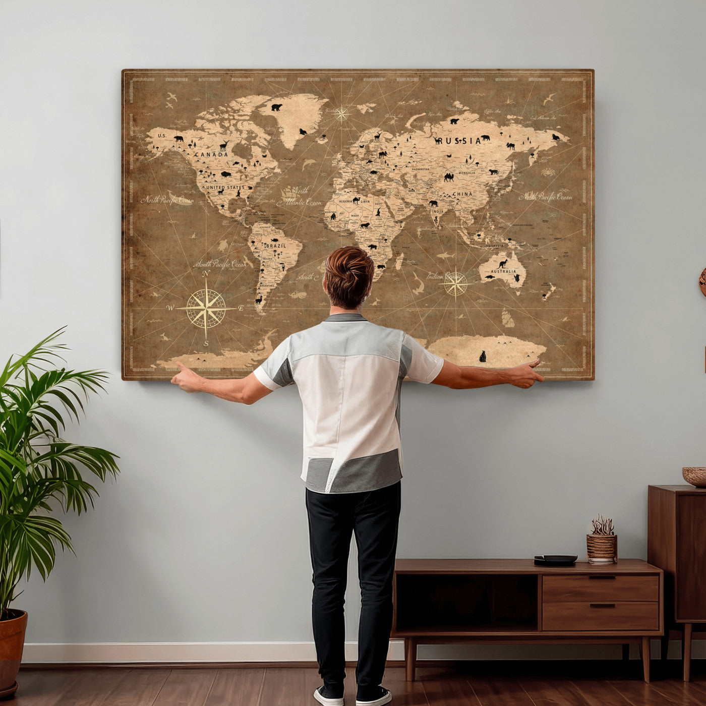 20759686-MGV-CV-36X24 - World Map Wall Art Canvas Print, Modern Decorative Framed Map Artwork Prints for Living Room, Office, Bedroom Wall Decor