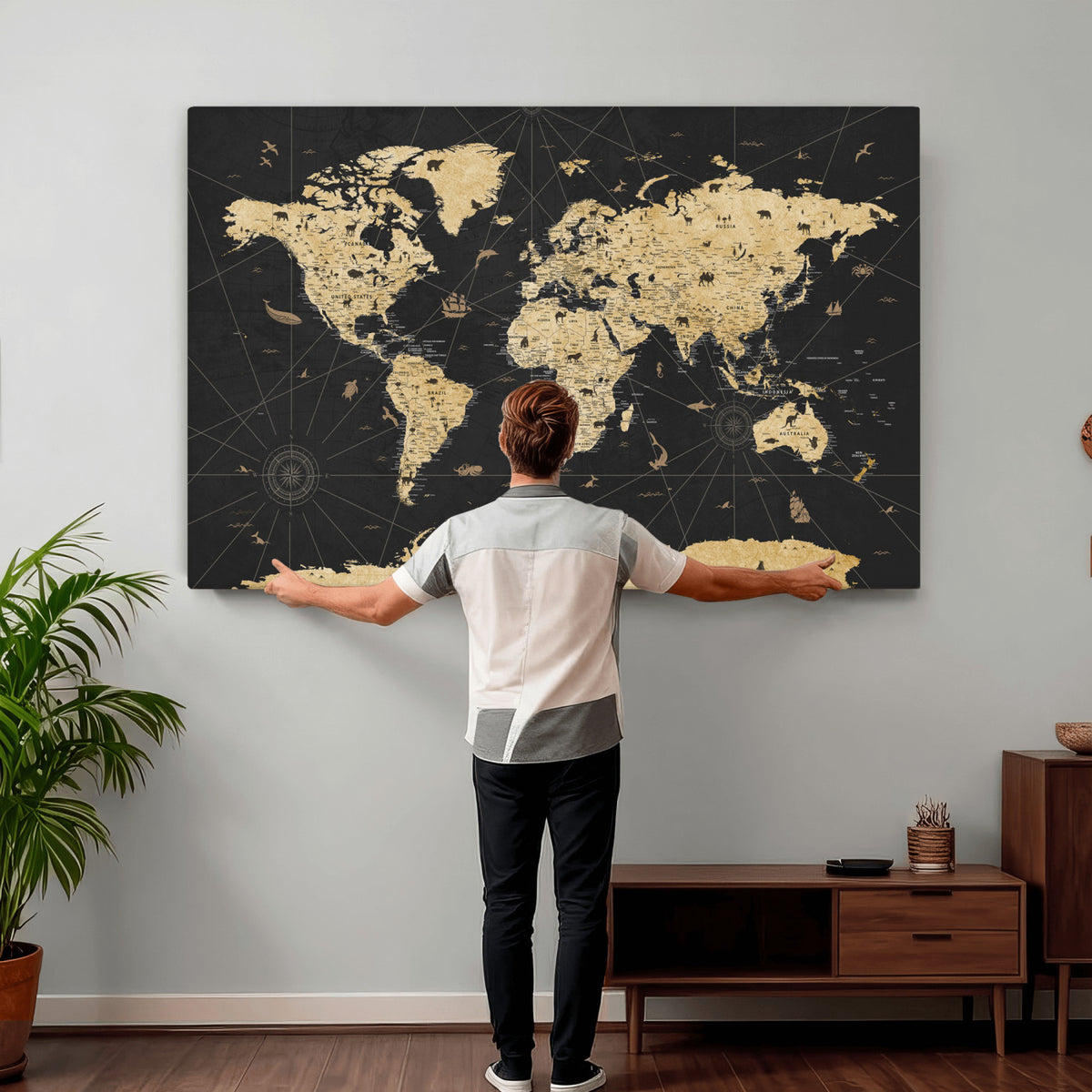 80270976-MGV-CV-36X24 - World Map Wall Art Canvas Print, Modern Decorative Framed Map Artwork Prints for Living Room, Office, Bedroom Wall Decor