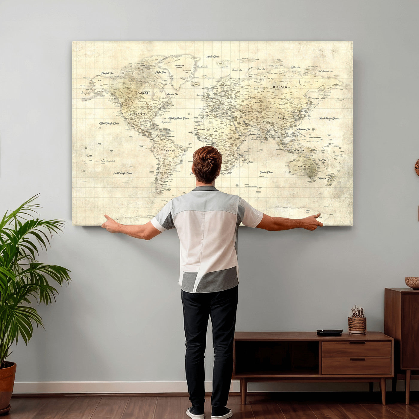 17101439-MGV-CV-36X24 - World Map Wall Art Canvas Print, Modern Decorative Framed Map Artwork Prints for Living Room, Office, Bedroom Wall Decor
