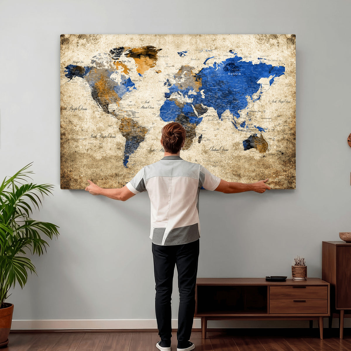27314341-MGV-CV-36X24 - World Map Wall Art Canvas Print, Modern Decorative Framed Map Artwork Prints for Living Room, Office, Bedroom Wall Decor