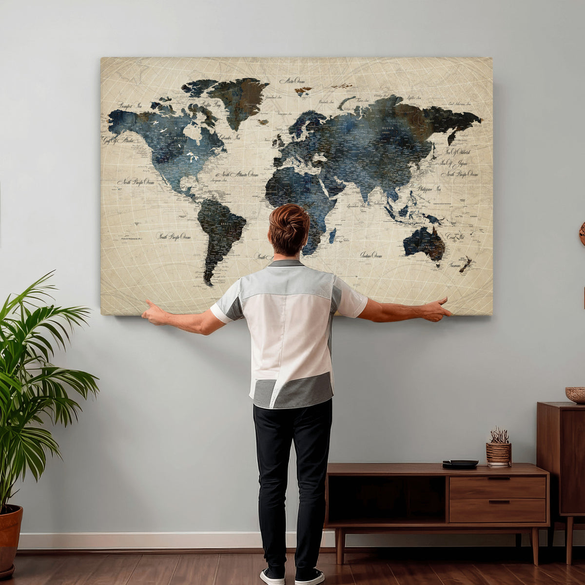 72927803-MGV-CV-36X24 - World Map Wall Art Canvas Print, Modern Decorative Framed Map Artwork Prints for Living Room, Office, Bedroom Wall Decor