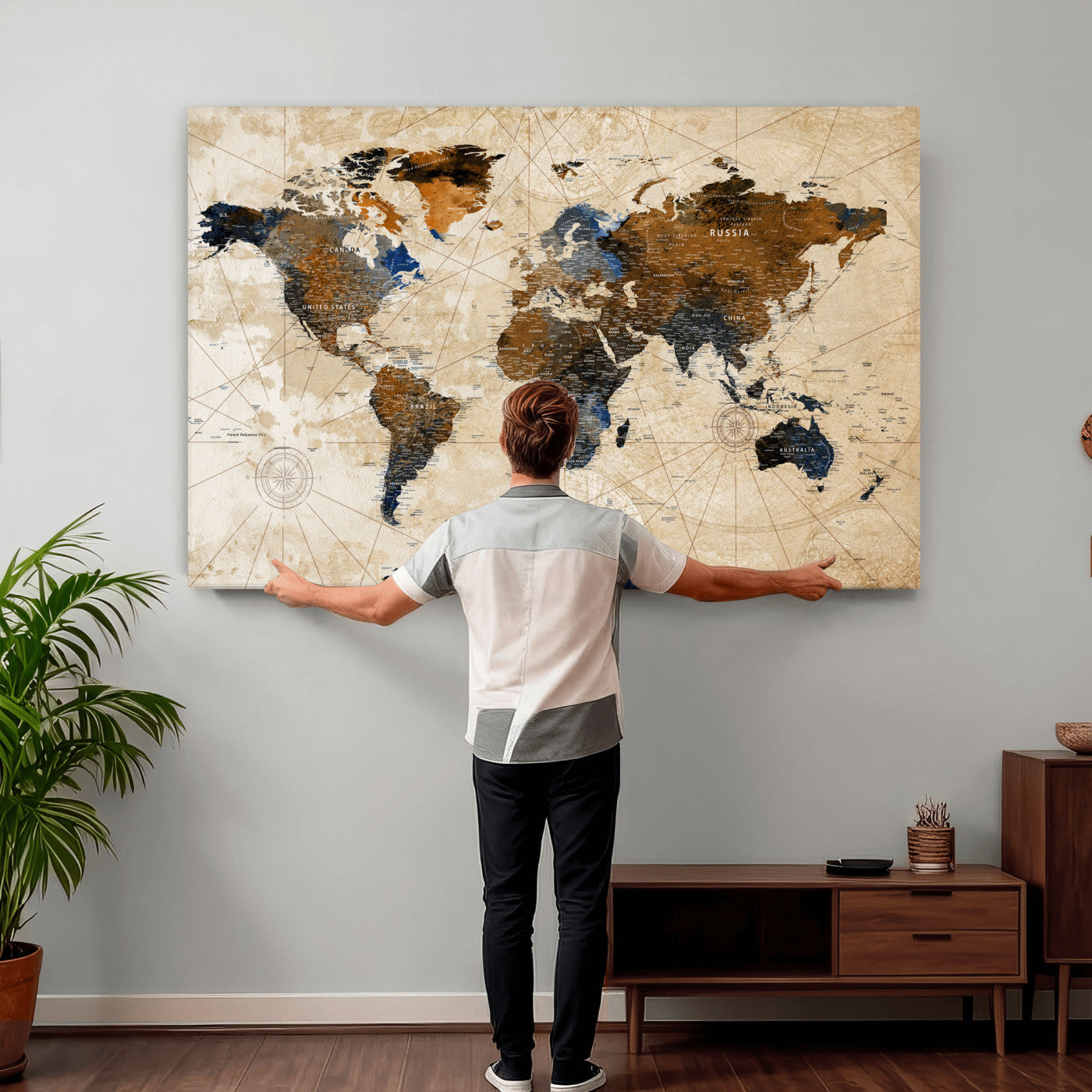15727090-MGV-CV-36X24 - World Map Wall Art Canvas Print, Modern Decorative Framed Map Artwork Prints for Living Room, Office, Bedroom Wall Decor